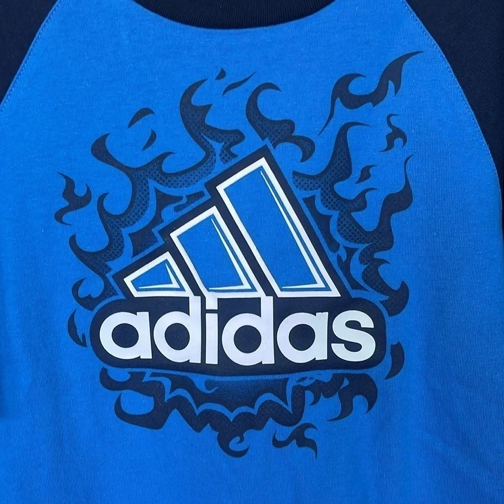 Brand New Adidas Blue Colorblock Shirt Fire Flames Graphic Print Athletic Top
